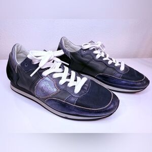Philippe Model Paris Tropez Bassa Sneakers Black Leather Blue Suede Size 38 VGUC